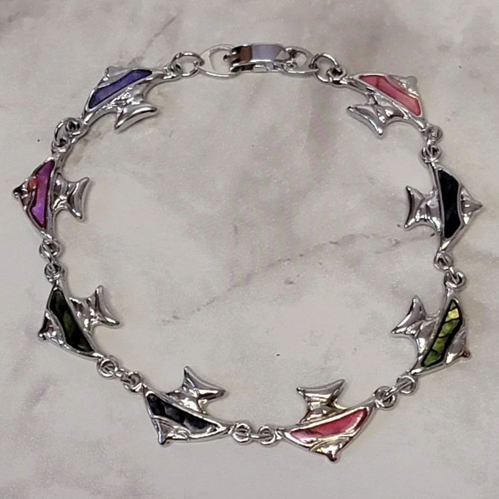 Angel Fish Bracelet Faux Abalone Shell Silver Tone Ocean Sealife Nautical Beach